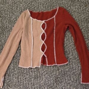 ROMWE Tan and Brown Crew Neck Sweater with Asymmetrical Design